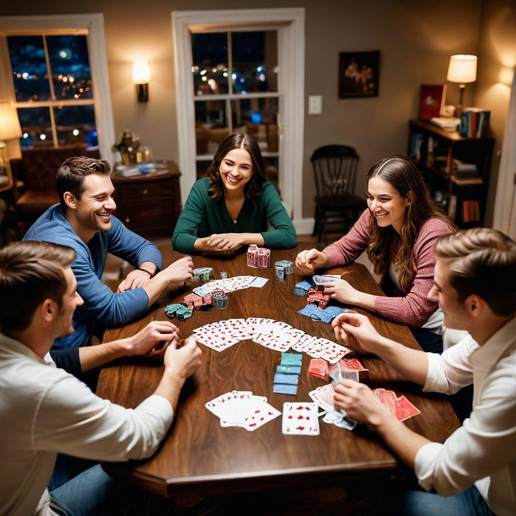 A cozy game night scene featuring a brightly lit table with five playing cards fanned out in the center. Surrounding the table are diverse friends laughing and strategizing, with snacks and drinks scattered around. A warm glow from string lights overhead creates an inviting atmosphere, emphasizing camaraderie and fun. The background shows a bookshelf filled with games and card decks, portraying a game lover's paradise. warm lighting, vibrant colors, super-realistic.