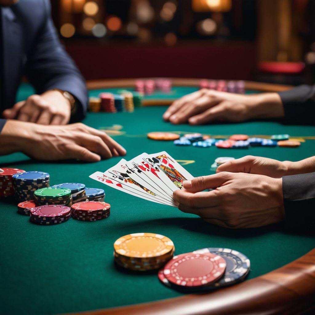 A close-up of a poker table with five vibrant playing cards spread out showing a winning hand, surrounded by chips and a dealer's felt. In the background, blurred silhouettes of players are immersed in the game, creating an atmosphere of excitement and strategy. The lighting highlights the cards and adds a dramatic flair, inviting viewers to explore the mastery of poker. super-realistic. vibrant colors. cinematic lighting.