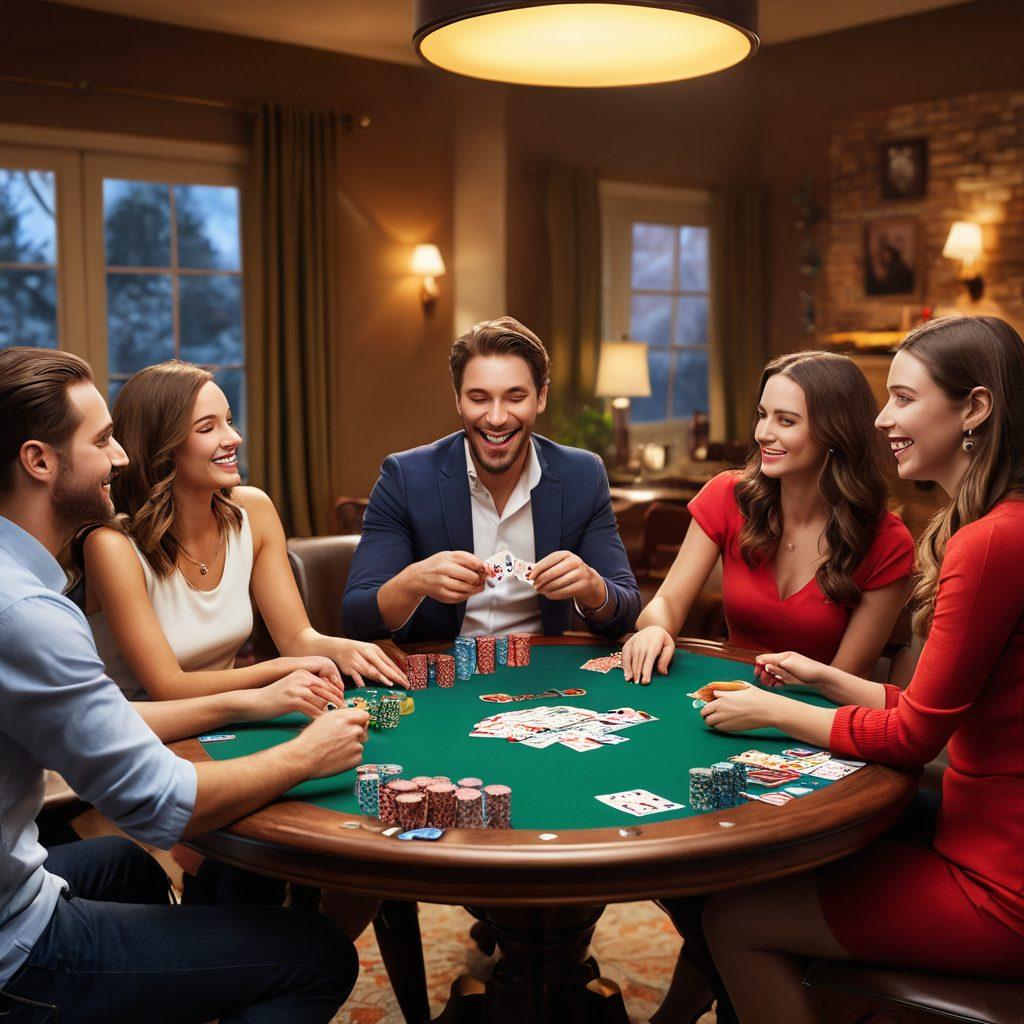 A cozy game night scene featuring a group of friends gathered around a beautifully designed table, playing 5 card draw poker. The table is adorned with colorful chips and snacks, while warm lighting sets a friendly atmosphere. Include elements like custom card designs, unique poker faces, and their excited expressions. Add stylish decor that captures the essence of transformation, with visuals of cards floating in the air. vibrant colors. 3D.